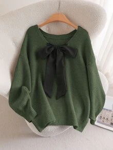 CosyJoli 秋冬季大码休闲V领蝴蝶结系带宽松套头毛衣 - 軍綠色 - 查看 5