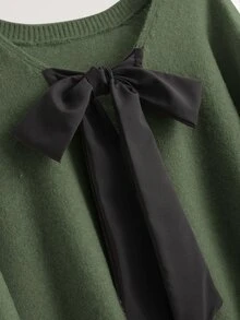 CosyJoli 秋冬季大码休闲V领蝴蝶结系带宽松套头毛衣 - 軍綠色 - 查看 4