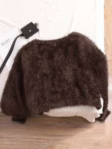 CosyJoli Plus Size Women's Sweater Off Shoulder Plush Cropped Cardigan In Fall/Winter - Brown - View 2