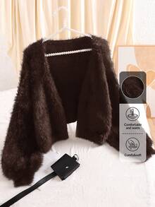 CosyJoli Plus Size Women's Sweater Off Shoulder Plush Cropped Cardigan In Fall/Winter - Brown - View 5