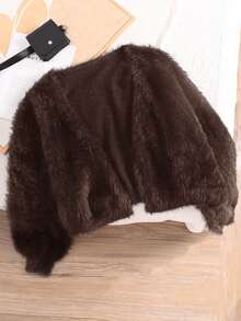 CosyJoli Plus Size Women's Sweater Off Shoulder Plush Cropped Cardigan In Fall/Winter - Brown - View 3