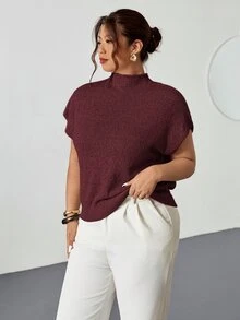Firerie Women's Plus Size Elegant Sexy Business Casual Burgundy Knit Sweater Vest High Neck Loose Casual Smart Commuting Office Formal Wear Versatile Autumn - Red - View 1