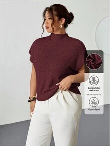 Firerie Women's Plus Size Elegant Sexy Business Casual Burgundy Knit Sweater Vest High Neck Loose Casual Smart Commuting Office Formal Wear Versatile Autumn - Red - View 5