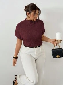 Firerie Women's Plus Size Elegant Sexy Business Casual Burgundy Knit Sweater Vest High Neck Loose Casual Smart Commuting Office Formal Wear Versatile Autumn - Red - View 10