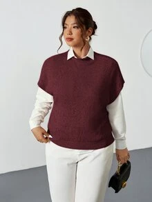 Firerie Women's Plus Size Elegant Sexy Business Casual Burgundy Knit Sweater Vest High Neck Loose Casual Smart Commuting Office Formal Wear Versatile Autumn - Red - View 9