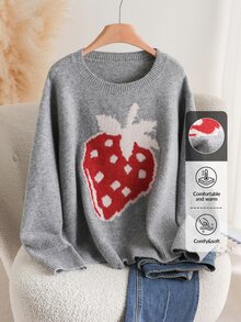 CosyJoli Plus Size Women Strawberry Jacquard Grey Pullover Sweater, Long Sleeve In Fall/Winter - Grey - View 8