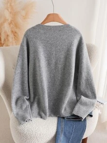 CosyJoli Plus Size Women Strawberry Jacquard Grey Pullover Sweater, Long Sleeve In Fall/Winter - Grey - View 3