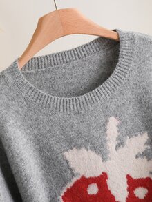 CosyJoli Plus Size Women Strawberry Jacquard Grey Pullover Sweater, Long Sleeve In Fall/Winter - Grey - View 5