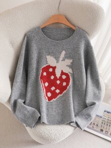 CosyJoli Plus Size Women Strawberry Jacquard Grey Pullover Sweater, Long Sleeve In Fall/Winter - Grey - View 6