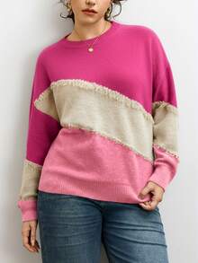 CosyJoli Plus Size Casual Cat Whisker Tassel Color Block Crew Neck Pullover Sweater/Winter - Multicolor - View 4