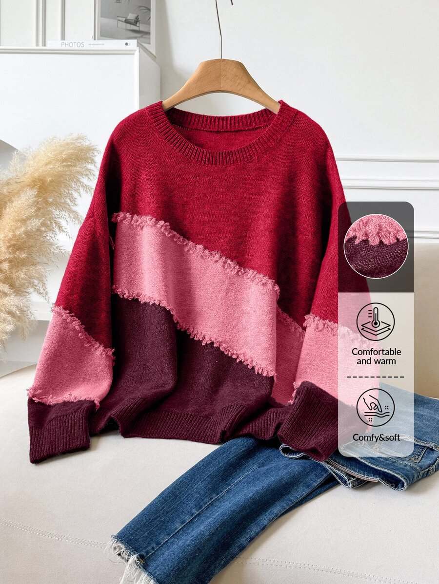 CosyJoli Plus Size Casual Raw Trim Color Block Crew Neck Pullover Sweater Autumn Winter