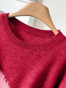 CosyJoli Plus Size Casual Raw Trim Color Block Crew Neck Pullover Sweater Autumn Winter - Red - View 4