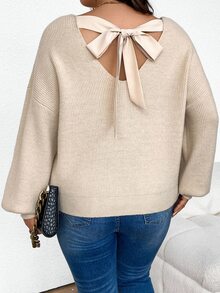 SHEIN Frenchy تريكو كبير الحجم مزين بفيونكة، شتوي - لون مشمشي - مشاهدة 3