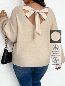 SHEIN Frenchy تريكو كبير الحجم مزين بفيونكة، شتوي - لون مشمشي - مشاهدة 6