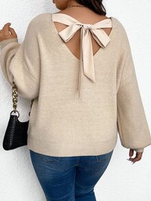 SHEIN Frenchy تريكو كبير الحجم مزين بفيونكة، شتوي - لون مشمشي - مشاهدة 7