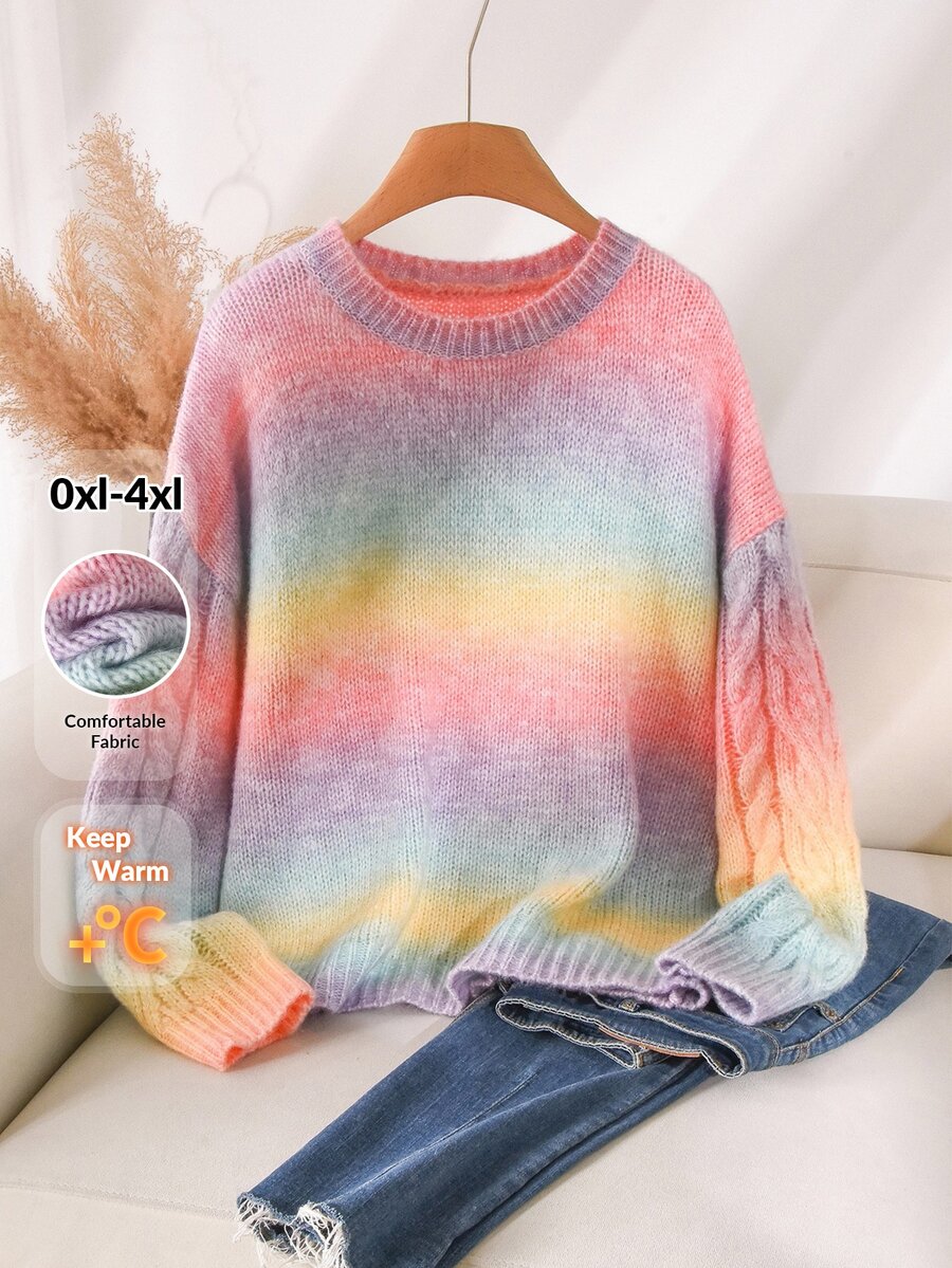 CosyJoli Plus Size Women Ombre Crew Neck Long Sleeve Sweater, Suitable For Vacation, Going Out Formal, Commuting In Autumn/ Pink Casual Elegant