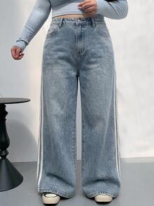 Dazy Plus Contrast Color Patchwork Webbing Loose Casual Straight Leg Vintage Washed Denim Jeans All Season Fall - Light Wash - View 3