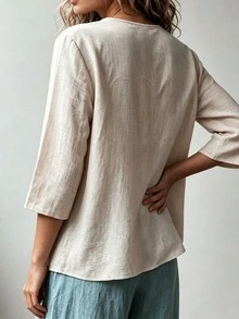 Trelyra Women's Casual Versatile Solid Color Ruffle Blouse - Khaki - View 3