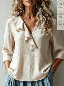 Trelyra Women's Casual Versatile Solid Color Ruffle Blouse - Khaki - View 6