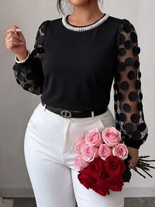 GlowEve CURVE Plus Size Elegant Commuter Mesh Patchwork Beaded Decor Blouse Fall - Black - View 3
