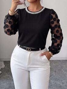 GlowEve CURVE Plus Size Elegant Commuter Mesh Patchwork Beaded Decor Blouse Fall - Black - View 4
