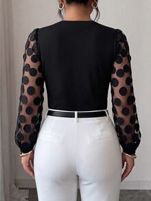 GlowEve CURVE Plus Size Elegant Commuter Mesh Patchwork Beaded Decor Blouse Fall - Black - View 2