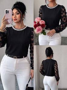 GlowEve CURVE Plus Size Elegant Commuter Mesh Patchwork Beaded Decor Blouse Fall - Black - View 1