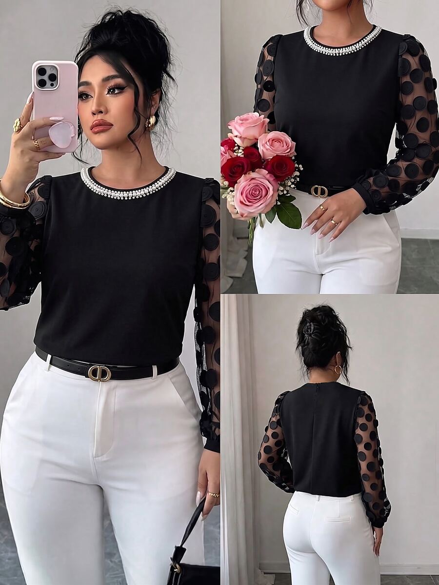 GlowEve CURVE Plus Size Elegant Commuter Mesh Patchwork Beaded Decor Blouse Fall - Black - View 1