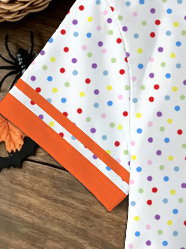 Young Girls Halloween Cute Ghost Rhinestone Polka Dot Contrast Trim T-Shirt, Rainbow Bow Pumpkin Graphic Print Short Sleeve Top, Summer Casual Crew Neck T-Shirt - Multicolor - View 6
