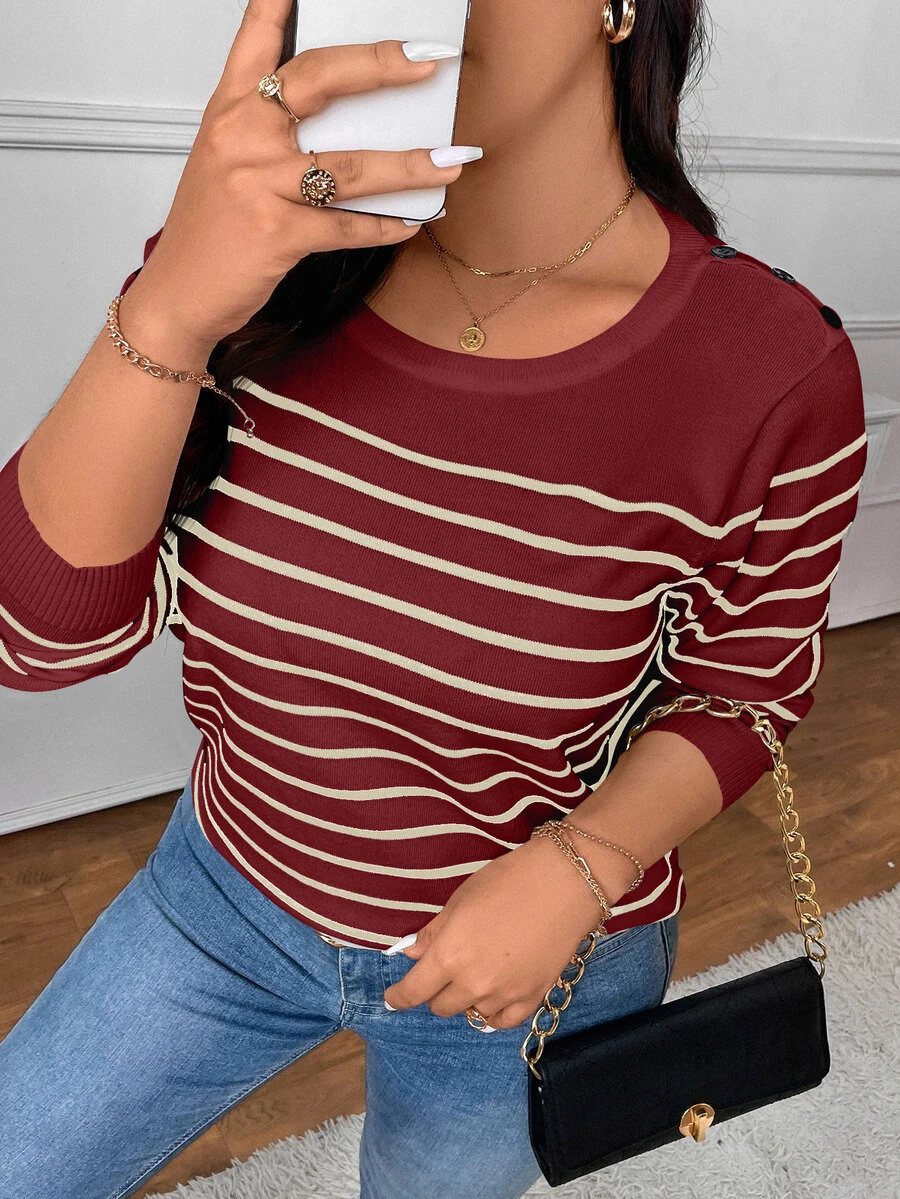 CosyJoli Plus Size Casual Daily Colorblock Striped Crew Neck Sweater In Fall/Winter