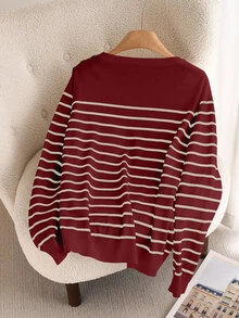 CosyJoli Plus Size Casual Daily Colorblock Striped Crew Neck Sweater In Fall/Winter - Burgundy - View 4