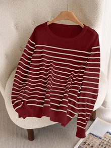 CosyJoli Plus Size Casual Daily Colorblock Striped Crew Neck Sweater In Fall/Winter - Burgundy - View 8