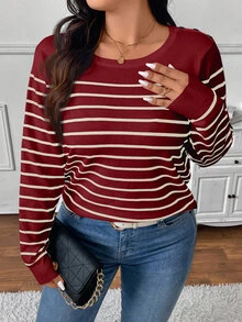 CosyJoli Plus Size Casual Daily Colorblock Striped Crew Neck Sweater In Fall/Winter - Burgundy - View 3