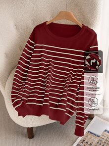 CosyJoli Plus Size Casual Daily Colorblock Striped Crew Neck Sweater In Fall/Winter - Burgundy - View 2
