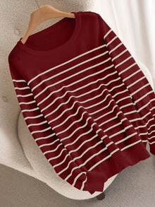 CosyJoli Plus Size Casual Daily Colorblock Striped Crew Neck Sweater In Fall/Winter - Burgundy - View 5