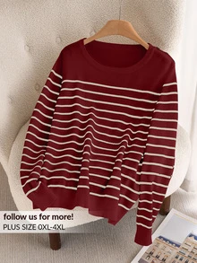 CosyJoli Plus Size Casual Daily Colorblock Striped Crew Neck Sweater In Fall/Winter - Burgundy - View 11