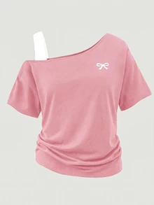 SHEIN Girlism Tween Girls T-Shirts Pink And White, 2 In 1 Design, Bow Print, Contrast Color T-Shirt, Design T-Shirt, Asymmetric, Loose, Casual, Tween Girl, Sports Style - Pink - View 3