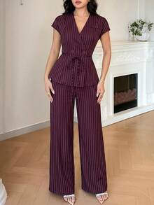 Feyla New Korean Style Cap Sleeve Slimming Ruched Elegant Commuter Versatile Daily Outfit Set - Burgundy - View 3