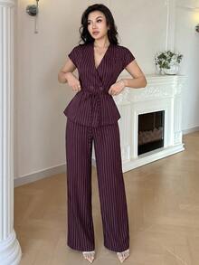 Feyla New Korean Style Cap Sleeve Slimming Ruched Elegant Commuter Versatile Daily Outfit Set - Burgundy - View 5