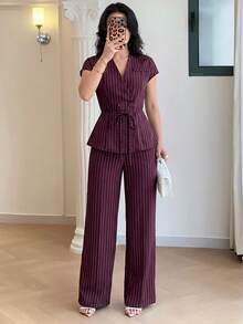 Feyla New Korean Style Cap Sleeve Slimming Ruched Elegant Commuter Versatile Daily Outfit Set - Burgundy - View 2