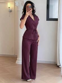 Feyla New Korean Style Cap Sleeve Slimming Ruched Elegant Commuter Versatile Daily Outfit Set - Burgundy - View 6