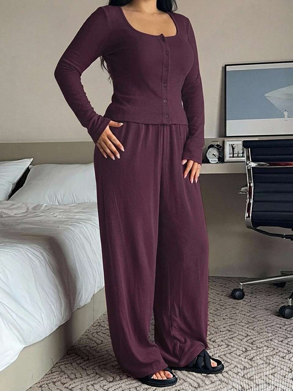 Dazy Plus Autumn/Winter Brushed Knit Slim Fit Top & Loose Pajama Pants 2-Piece Set, Spring Home Loungewear Outfit