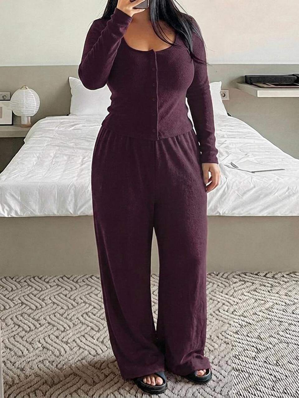 Dazy Plus Autumn/Winter Brushed Knit Slim Fit Top & Loose Pajama Pants 2-Piece Set, Spring Home Loungewear Outfit