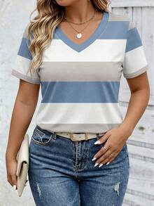 SHEIN LUNE Summer Outing Top, Plus Size Women's V-Neck Short Sleeve T-Shirt, Classic Colorful Striped Print Pattern, Pattern Design, Daily Wear, Casual Versatile, Commute Style, Outdoor Wear, Comfortable Fabric - Multicolor - View 1