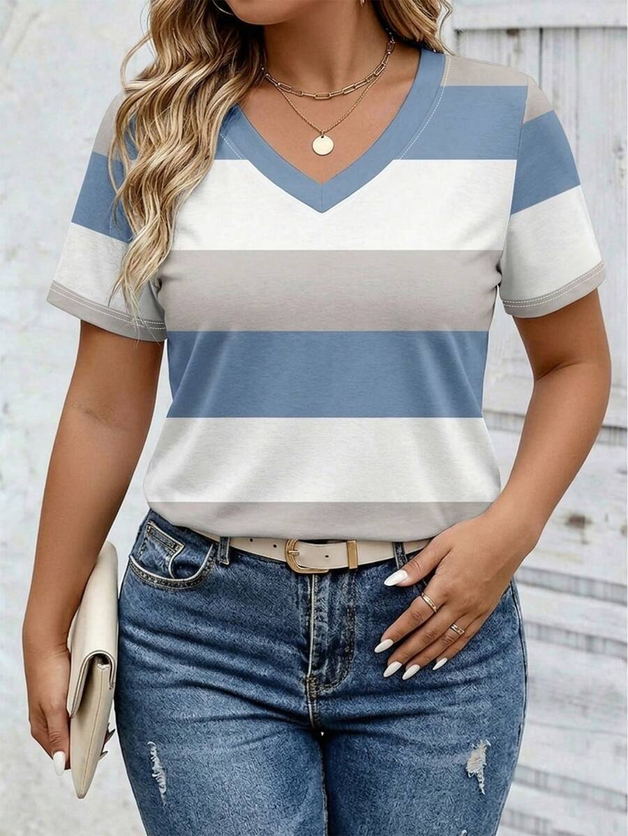 SHEIN LUNE Summer Outing Top, Plus Size Women's V-Neck Short Sleeve T-Shirt, Classic Colorful Striped Print Pattern, Pattern Design, Daily Wear, Casual Versatile, Commute Style, Outdoor Wear, Comfortable Fabric - Multicolor - View 1