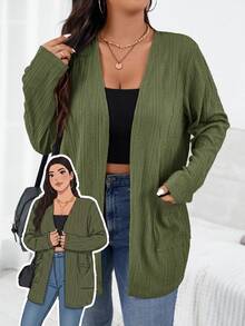 SHEIN Essnce Plus Size Women's Autumn New Fashion Fall Long Sleeve Dual Pocket Open Front Coat, Business - Olive Green - View 5