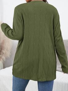 SHEIN Essnce Plus Size Women's Autumn New Fashion Fall Long Sleeve Dual Pocket Open Front Coat, Business - Olive Green - View 2