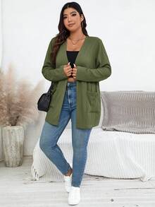 SHEIN Essnce Plus Size Women's Autumn New Fashion Fall Long Sleeve Dual Pocket Open Front Coat, Business - Olive Green - View 6