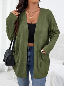 SHEIN Essnce Plus Size Women's Autumn New Fashion Fall Long Sleeve Dual Pocket Open Front Coat, Business - Olive Green - View 1