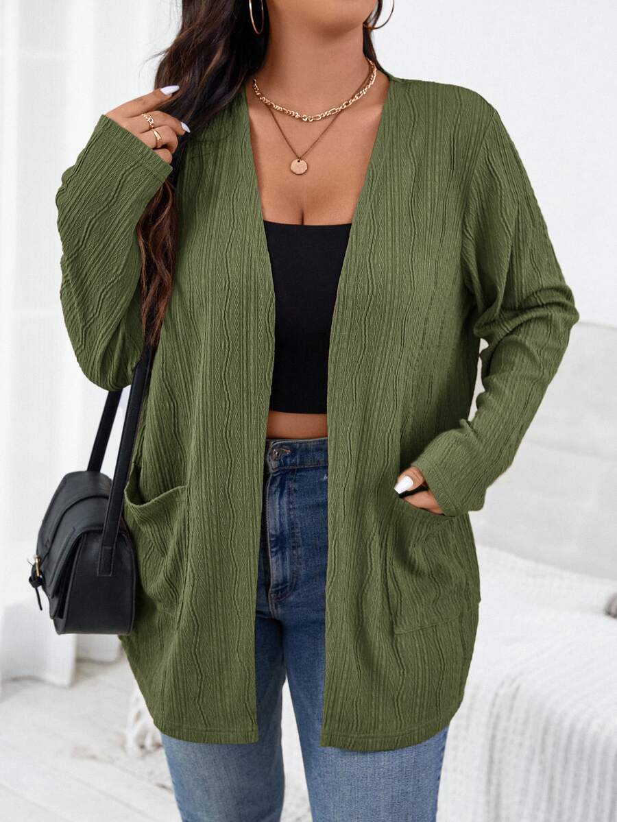 SHEIN Essnce Plus Size Women's Autumn New Fashion Fall Long Sleeve Dual Pocket Open Front Coat, Business - Olive Green - View 1